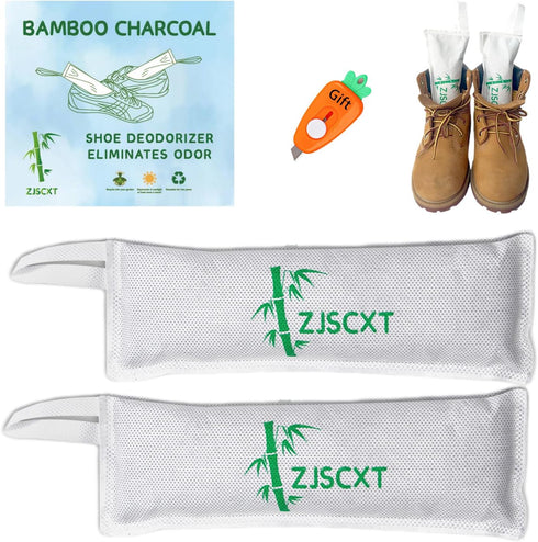 Charcoal Shoe Deodorizers- Eliminator Inserts for Work Boot, Sneakers, Gym Bags Smell Absorber with Box Opener (2 Packs)...