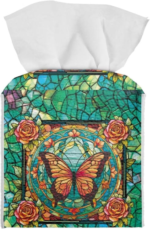 Butterfly Rose Print Tissue Case Cover Square, Waterproof Tissue Box Cover for Home Office, Foldable Kleenex Tissues Cube Boxes with Bottom Belt, ...