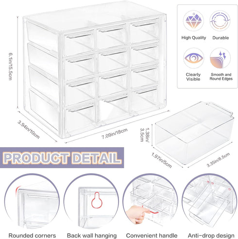 Desk Storage Organizer with 12 Mini Drawers, FODIENS Clear Desktop Craft Drawer Cabinet, Stackable Storage Box Caddy for Makeup Jewelry Office Cra...
