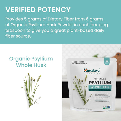 Himalaya Organic Psyllium Whole Husk, Natural Daily Fiber Supplement, Regularity, Appetite Management, USDA Certified Organic, Non-GMO, 56-Tablesp...
