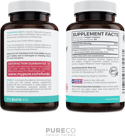 Organic Cranberry Pills - 50:1 Concentrate Equals 25,000mg of Fresh Cranberries (Vegan) for Urinary Tract Health & Kidney Cleanse - Cranberry Pill...