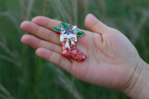 RareLove Christmas Brooch Red Stocking with Holly Snowflake Gold Bow Enamel Pin Rhinestone Brooch Christmas Pin for Women, Cute Pins,Christmas Jew...