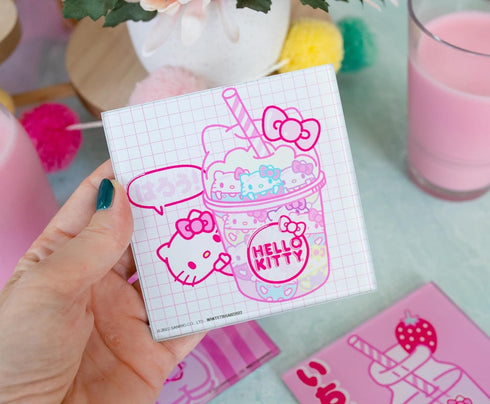 Sanrio Hello Kitty Strawberry Milk Glass Coasters for Drinks, Set of 4 | Tabletop Protection for Home Kitchen, Dining Room Table...
