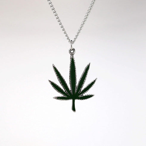Marijuana Weed Pot Leaf Green Enamel on Silver Finish Pewter Pendant Necklace...