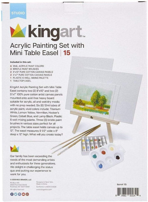 KINGART Artist Painting Set with 6 Vivid Acrylic Paint Colors, 12" Easel, 4 Canvas Panels, 3 Brushes, Painting Palette - School, Students, Beginne...