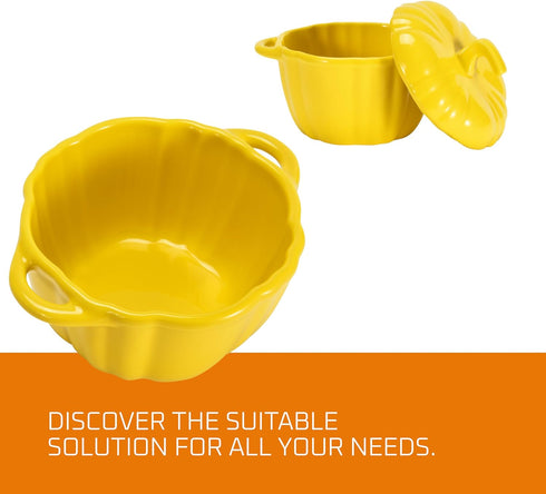 Bruntmor Ceramic Ramekins with lids oven safe - Serving Pot for Food, Soup - Adorable Pumpkin-Shaped Tabletop Decoration - Locks in Flavor with Po...
