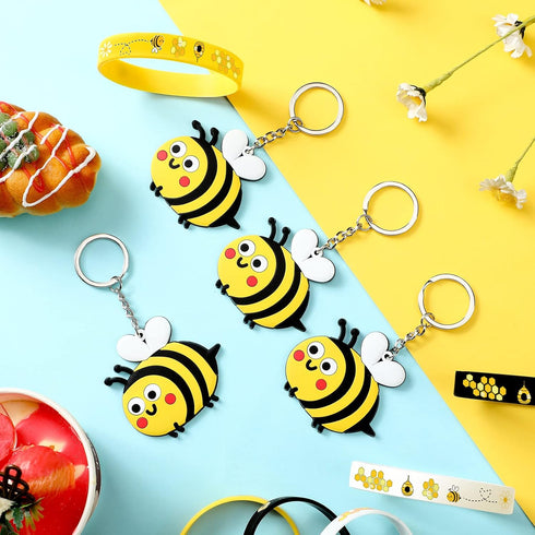 48 Pieces Cute Bee Keychain Bee Rubber Bracelets Bee Birthday Party Favors Honey Bee Silicone Wristband Bee Party Decorations for Birthday Supplie...