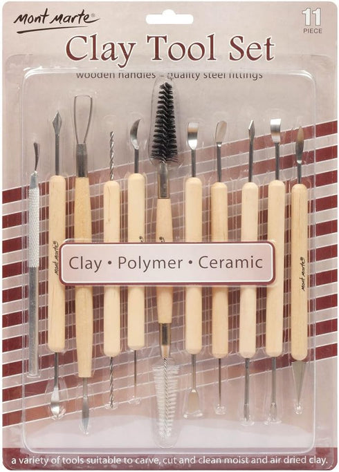 Mont Marte Clay Tool Set, 11 Piece. Selection of Clay Tools to Create Texture, Smooth, Cut and Carve Clay. Suitable for Use with Polymer, Earthenw...