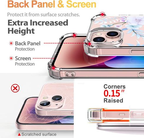 Compatible with iPhone 15 Case with Screen Protector, Flower Pattern Design, Floral Clear Women Phone Case Shockproof Protective Soft Bumper Cover...