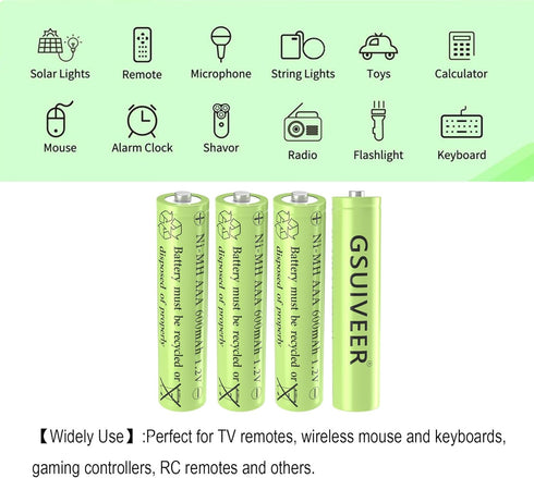 AAA Rechargeable Solar Light Batteries NiMh 1.2V 600mAh for Outdoor Garden Solar Lights, Battery String Lights Pre Charged(12 Pack)...
