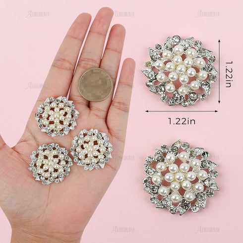 AUEAR, 15 Pack Faux Rhinestone Pearl Flower Buttons Fashion Silver Crystal Button Brooches for Jewelry Making Clothing DIY Craft...