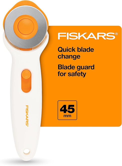 Fiskars 45mm Rotary Cutter for Fabric - Premium Stick Rotary Cutter - Craft Supplies - Crafts, Sewing, and Quilting Projects - White...