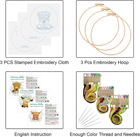 Louise Maelys 3 Sets Highland Cow Embroidery Kits for Beginners,Adults Starter Animal Pattern Cross Stitch Kit DIY Needlepoint Kits...