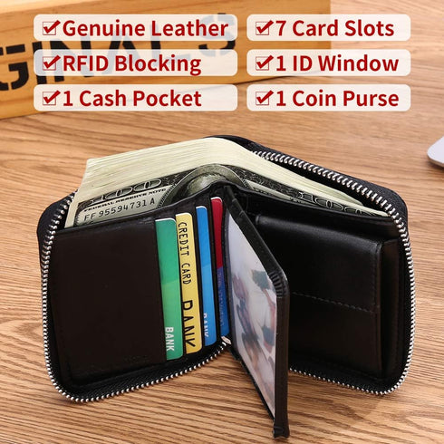 FALAN MULE Wallets For Men Genuine Leather Short RFID Blocking Zip-around Bifold Wallet?Black?...