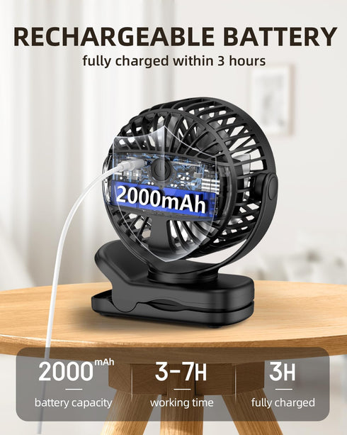 TUNISE Mini Clip on Fan, Battery Operated Desk Fan, Digital display?3 Speeds Adjustable, Bidirectional 360 ° Adjustable, Super Strong Wind, Portab...