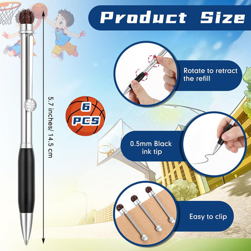 6 Pcs Basketball Ball Point Pen Metal Ballpoint Pen Black Ink Retractable Sports Pens Medium Point 0.5 mm Soft Grip Novelty Writing Party Favors f...
