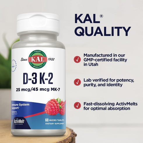 Kal 1000 Iu D-3 & K2 Tablets, Raspberry, 60 Count (Pack of 1)...