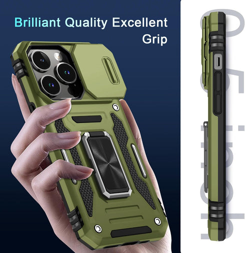 DEERLAMN for iPhone 13 Pro Case with Slide Camera Cover+Screen Protector(1 Pack),Rotated Ring Kickstand Military Grade Shockproof Protective Cover...