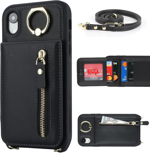 iPhone XR Phone Case with Card Holder for Women, iPhone XR Case Wallet with Strap Credit Card Slots Crossbody with Kickstand Zipper Case for iPhon...