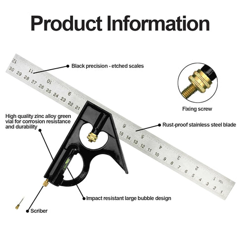 Nortools Combination Square Carpentry Tools with Metal-Body, Stainless Steel Blade Ruler, Accurate Woodworking Measure Square with Carpenter...