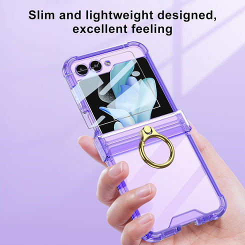 for Samsung Galaxy Z Flip 5 Case Hinge Protection Luxury Soft Transparent with Ring Holder Built-in Screen Protector All-Inclusive Shockproof Case...