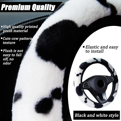 LUOYOYY 8 Pack Cute Cow Print Plush Fluffy Steering Wheel Covers Set with Fluffy Gear Shift Cover & Handbrake Cover & Fuzzy Seat Belt Pads & Car C...