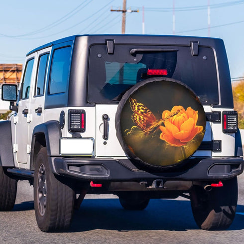 Orange Butterfly Flowers Spare Tire Cover 17 inch Waterproof Dust-Proof Universal Spare Wheel Tires Covers Fit for Jeep,Trailers, RV, SUV,Many Veh...
