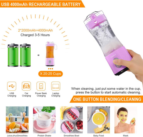 Portable Blender Personal USB Rechargeable Juice Cup for Smoothie and Protein Shakes Mini Handheld Fruit Mixer 13Oz Bottle for Travel Gym Home Off...