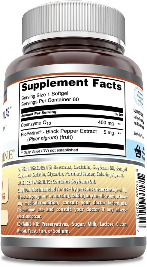 Amazing Formulas CoQ10 with Bioperine Supplement | 400 Mg Per Serving | 60 Softgels | Non-GMO | Gluten Free | Made in USA...
