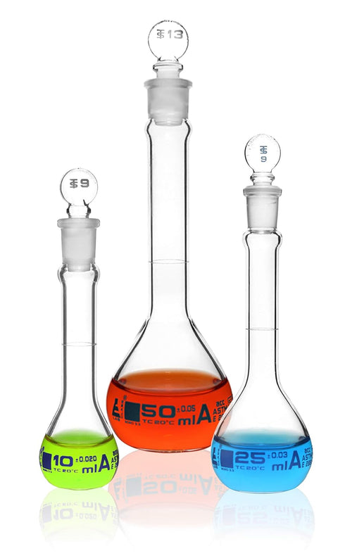 EISCO Premium Volumetric Flask Set - 10ml, 25ml & 50ml - Class A, ASTM E288 - Superior Durability & Chemical Resistance - Glass Penny Stoppers - B...