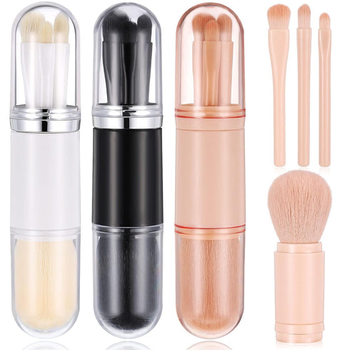 3 Sets Travel Brush Makeup Set, 4 in 1 Mini Portable Lip Brush Foundation Blending Powder Eye Shadow Brush for Women Facial Retractable Set...