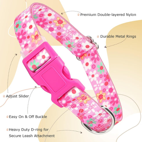 Pink Dog Collar with Flowers for Girl Dogs, Adjustable Cute Female Dog Collars, Soft Nylon Collar for Small Medium Large XL Dogs (Floral M)...
