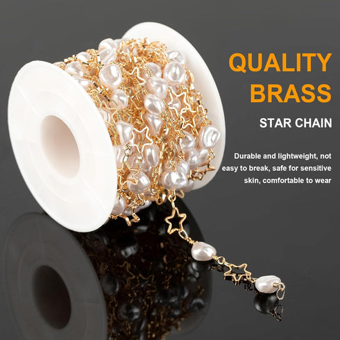 KYUNHOO 13ft Premium Copper Chain for Jewelry Making Gold Plated Brass Chain Roll with Irregular Pearls and Hollow Stars Chain for Women Necklace ...