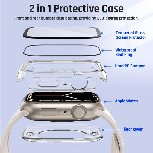 Goton 2 in 1 Waterproof Case for Apple Watch Series 9 8 7 Screen Protector 41mm, 360 Protective Glass Face Cover Hard PC Bumper + Back Frame for i...