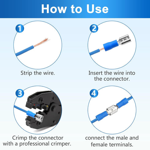 200 Pcs Female and Male Quick disconnects Vinyl Insulated Spade Wire Connectors, Blue Electrical Crimp Terminal 16-14 AWG (6.3mm)...