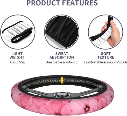Pink Flowers Cute Steering Wheel Cover for Women Girls Car SUV 15 Inch Universal Fit Auto Accessories Personalized...