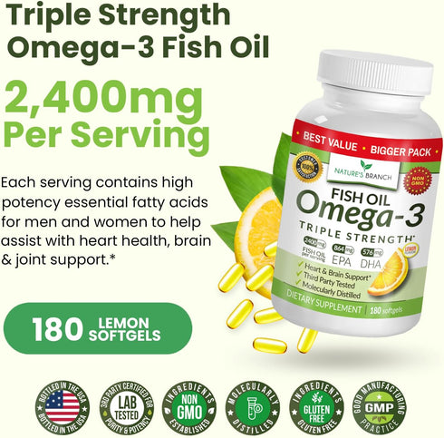 Best Triple Strength Omega 3 Fish Oil Pills - 180 Capsules - 2400mg High Potency Burpless Lemon Flavor 864mg EPA 576mg DHA Ultra Pure Liquid Softg...