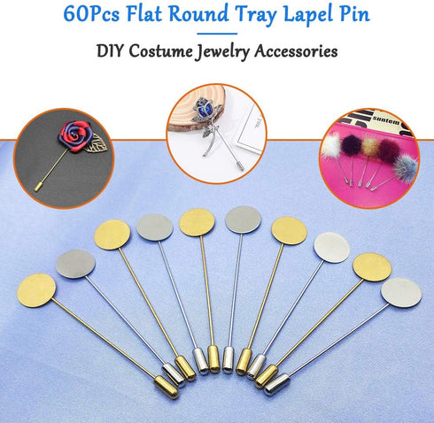60Pcs Flat Round Tray Lapel Pin,Stainless Steel Safety Pins Stick Pins Brooch Pin Needle Suit Tie Hat pin Scarf Badge for DIY Costume Jewelry Maki...
