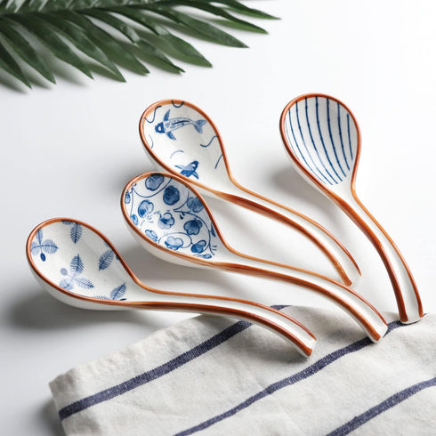 Asian Soup Spoon Ceramic Ramen Spoons Korean Spoons Porcelain Japanese Soup Spoon for Ramen Noodles Pho Miso Dumpling 4pcs (Style 1)...