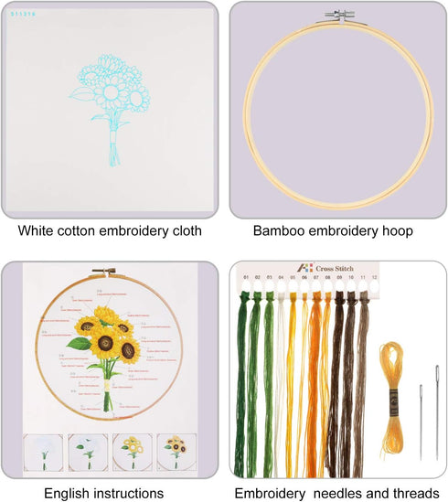 MWOOT 3D Cross Stitch Stamped Embroidery Starter Kit, Easy Embroidery with Sunflower Bouquet Pattern, Handmade Sewing Craft Kit for Adults Beginne...