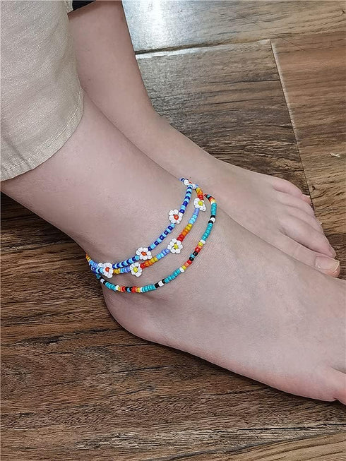 3 PCS Bead Flower Chain Anklet Bracelet Set for Women Resin Cute Daisy Ball Bead Seeds Fashion Colorful Handmade Adjustable Layered Chains Nickel ...
