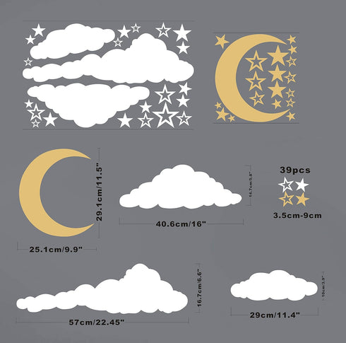 GESTYZ Vinyl Wall Stickers, Stars and Clouds Decal, White, Gold, for Nursery, Bedroom, Kids Room Wall Decoration...