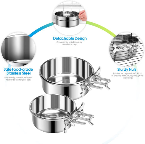 Dog Food Water Bowl for Cage with Clamp Holder, Stainless Steel Pet Kennel Hanging Bowls Non-Spill Detectable Bowls Crate Feeder for Small Medium ...