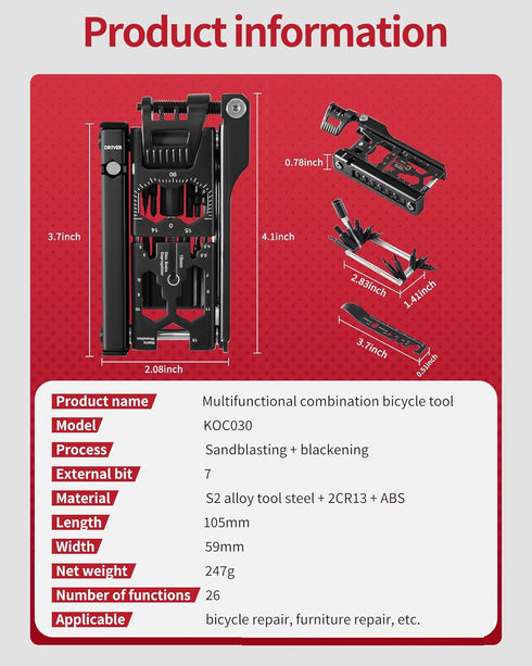 Bike Multi Tool, Bicycle Repair Tool Kit 38 in 1 Bicycle Multitool with Chain Levers Hex Spoke Wrench Splitter Tool and Crank Puller Portable Repa...