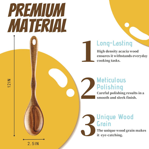 Acacia Wood Spoons for Cooking - 6 Piece Non Stick Wooden Spoon Set - with Slotted Spoon, Salad Fork, Spatula, Pasta Server-Natural Wood Kitchen U...