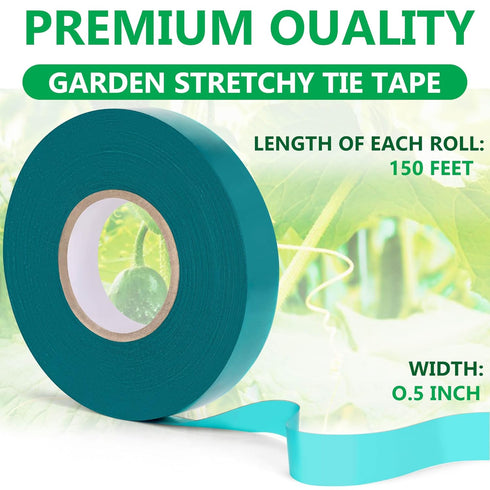 Stretch Tie Tape Roll, 2 Pack Total 300 Feet 1/2"" Garden Tie Tape Thick Sturdy Garden Plant Ties Green Vinyl Plant Ribbon Gardening Tools Green G...