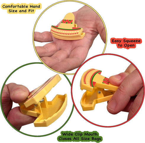 Sombrero Chip Clips, 6 Set Bag Clips, Tight Food Saver, Snack Bag Sealer, Air Tight Seal Grip for Food Storage, Chip Clip Bag Clip Food Clips, Fun...