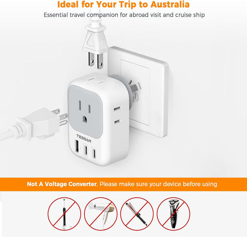 Australia New Zealand Power Adapter USB C, TESSAN Australia Power Plug Adapter with 4 Electrical Outlets 3 USB Ports (2 USB C), Power Adapter for ...