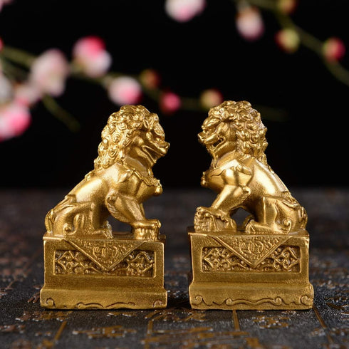 BRABUD 2.8in(H) Fengshui Brass Pair of Fu Foo Dogs Guardian Lion Statues Housewarming Congratulatory to Ward Off Evil Energy ZD099 Gold...