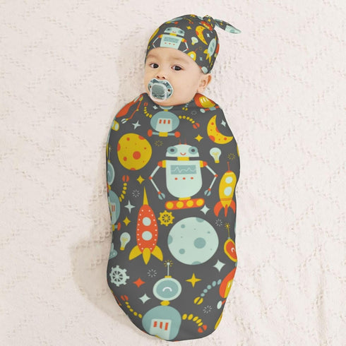 Robot and Moon Newborn Swaddle Blankets Hat Sets Soft Baby Receiving Blanket Swaddle Sack for Baby Shower Infant Boy Girl Gift...